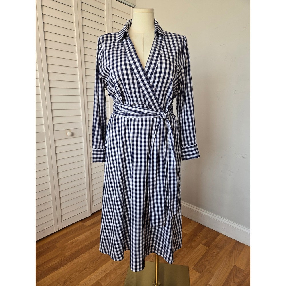 Tahari ASL Navy White Gingham Cotton Faux Wrap Midi Dress 16 Pockets Cottage